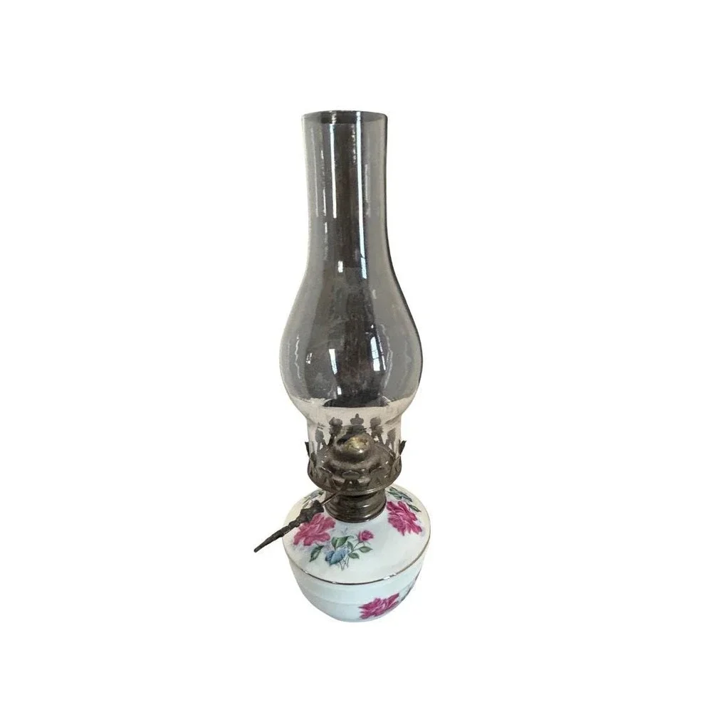 Vintage Floral Porcelain Oil Lamp -Pink Rose Transferware Kerosene Lamp